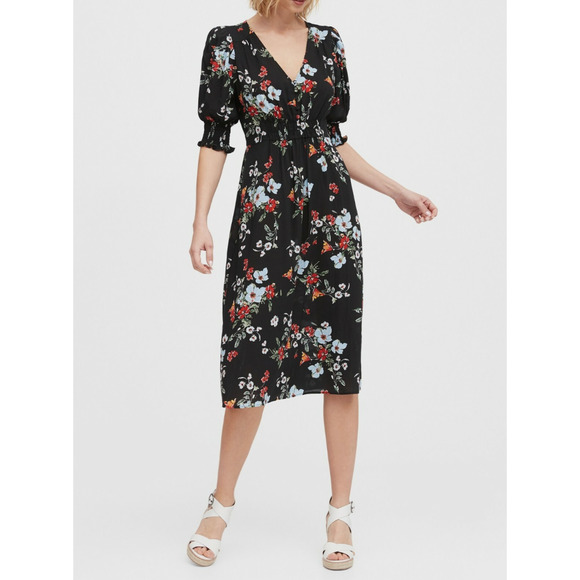 Banana Republic Size 8 Dress - Black Floral Midi Cinched Waist 3/4 Sleeve - Picture 1 of 10